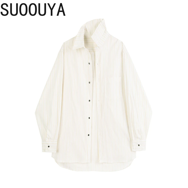 

[SUOOUYA] Women Irregular Striped White Big Size Blouse New Lapel Long Sleeve Loose Fit Shirt Fashion Spring Autumn Female 2021