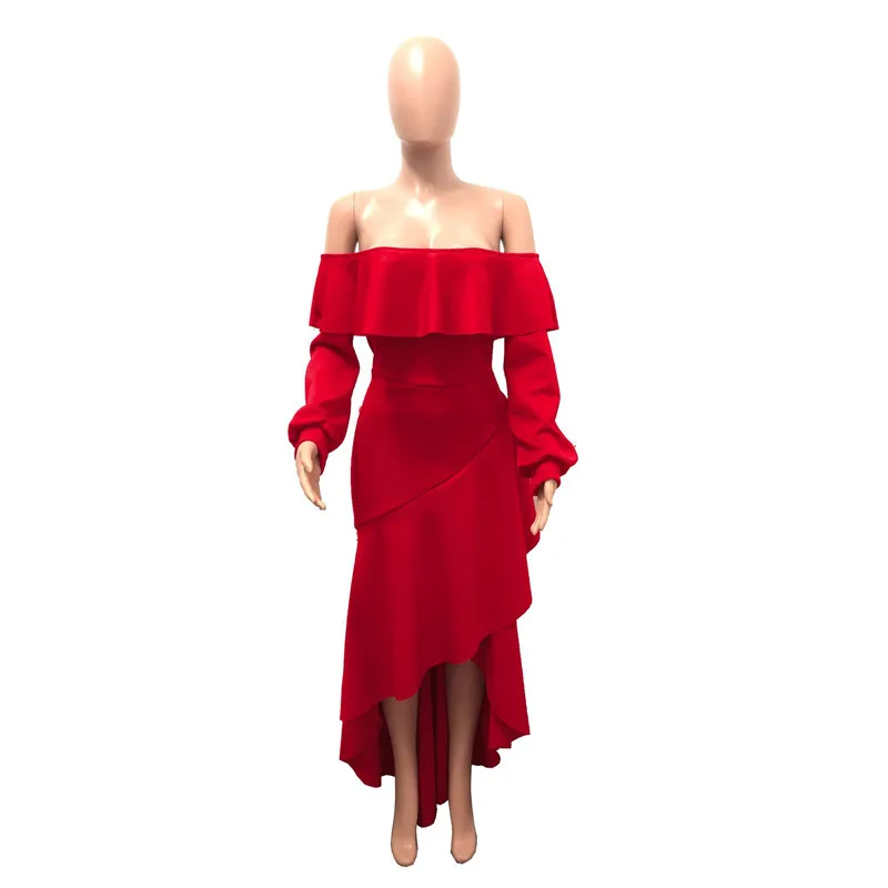 Женское платье-макси с открытыми плечами Осень-зима длинным рукавом вырезом