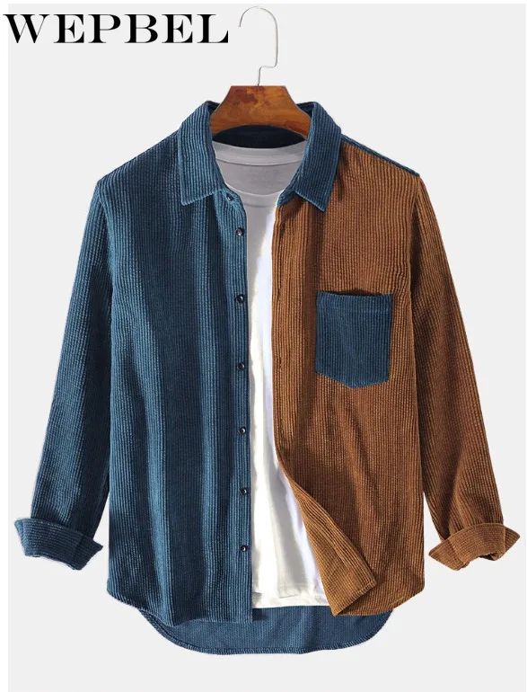 

Вельветовая однобортная рубашка WEPBEL с длинными рукавами, мужская повседневная Свободная рубашка в стиле пэчворк с отложным воротником и ка...