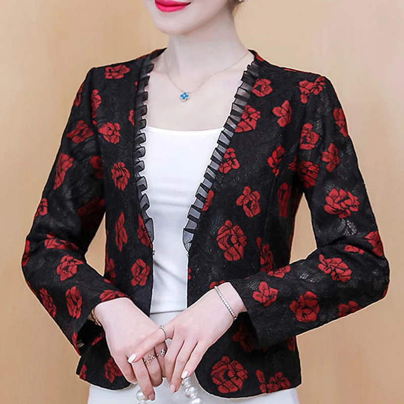 Женская куртка с длинным рукавом короткий кардиган принтом ажурная кружевная