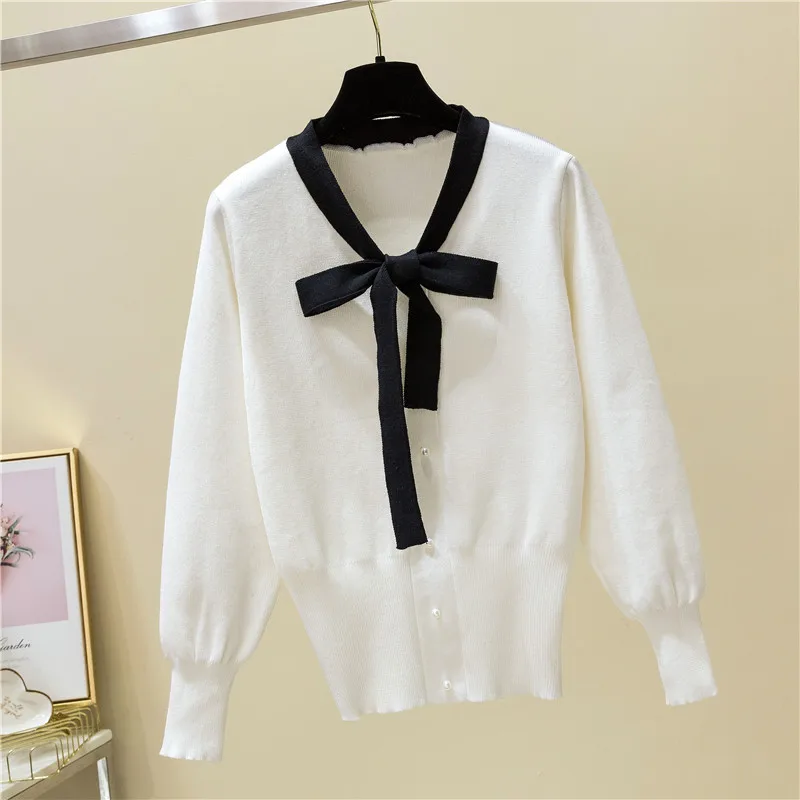 2020 весенний вязаный свитер с воротником-бабочкой женский бантом и длинным