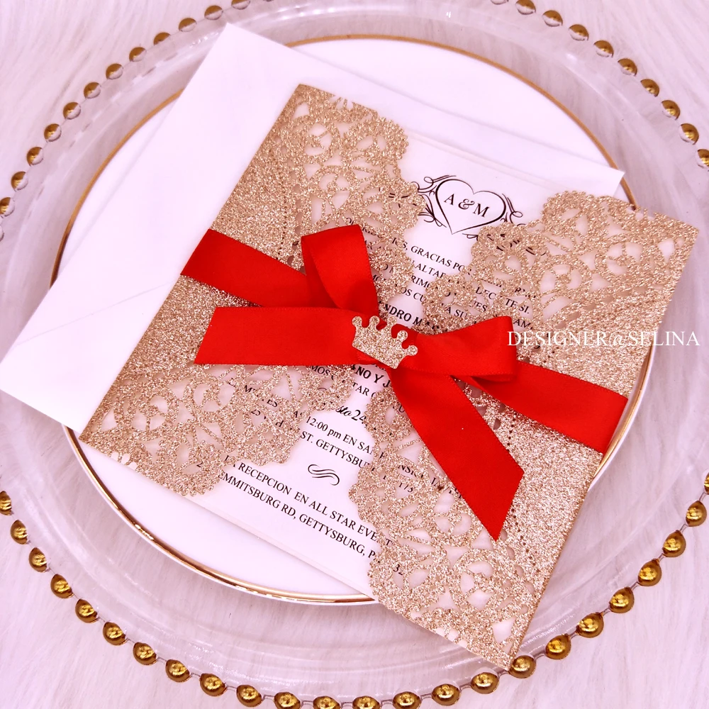 50 шт. приглашения для свадьбы с розовым золотом лазерная резка лентой и блестящей