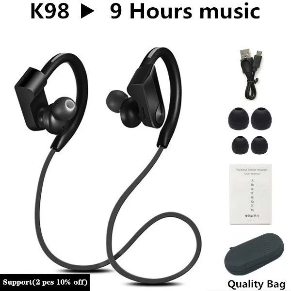 Спортивные Bluetooth наушники, беспроводные наушники, Bluetooth гарнитура, водонепроницаемый шумоподавитель с микрофоном для телефонов android ios - Цвет: K98 Black