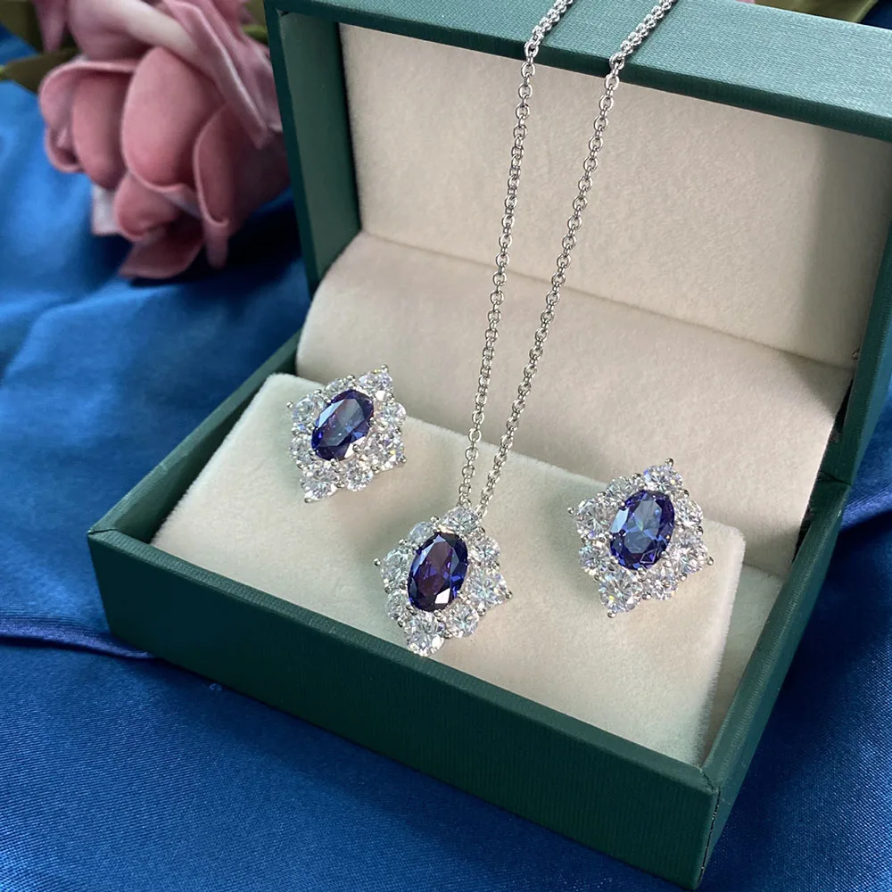 

KNRIQUEN Noble 6*9mm Sapphire Aquamarine Gemstone Lad Diamonds Earrings/Necklace/Ring 925 Sterling Silver Jewelry Set for Women