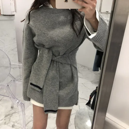 2019 Autumn Winter Kahaki Knitted Sweater Fake Sleeve Bandage Waist Korean Style Woman Jumpers | Женская одежда