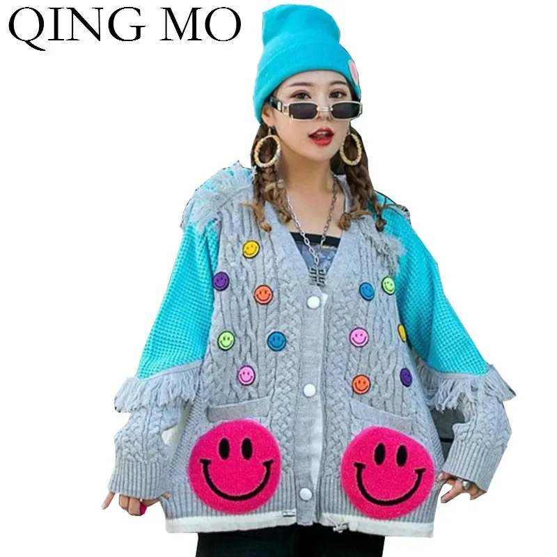 Женский вязаный кардиган с бахромой QING MO свитер V образным вырезом и мультяшным
