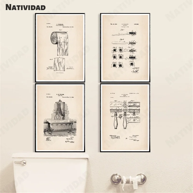 

Bathroom Vintage Canvas Posters and Prints Toilet Paper Toothbrush Picture Wall Art Retro Bedroom Living Room Decorative Paint