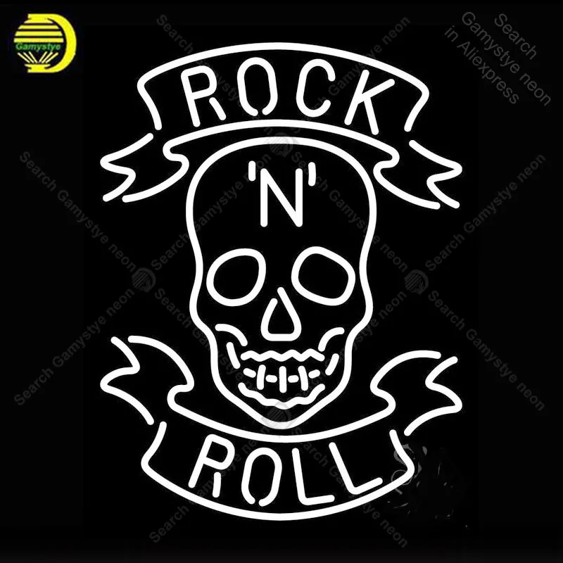 Неоновая вывеска для организаций и магазинов рок н ролл белый череп остекленная