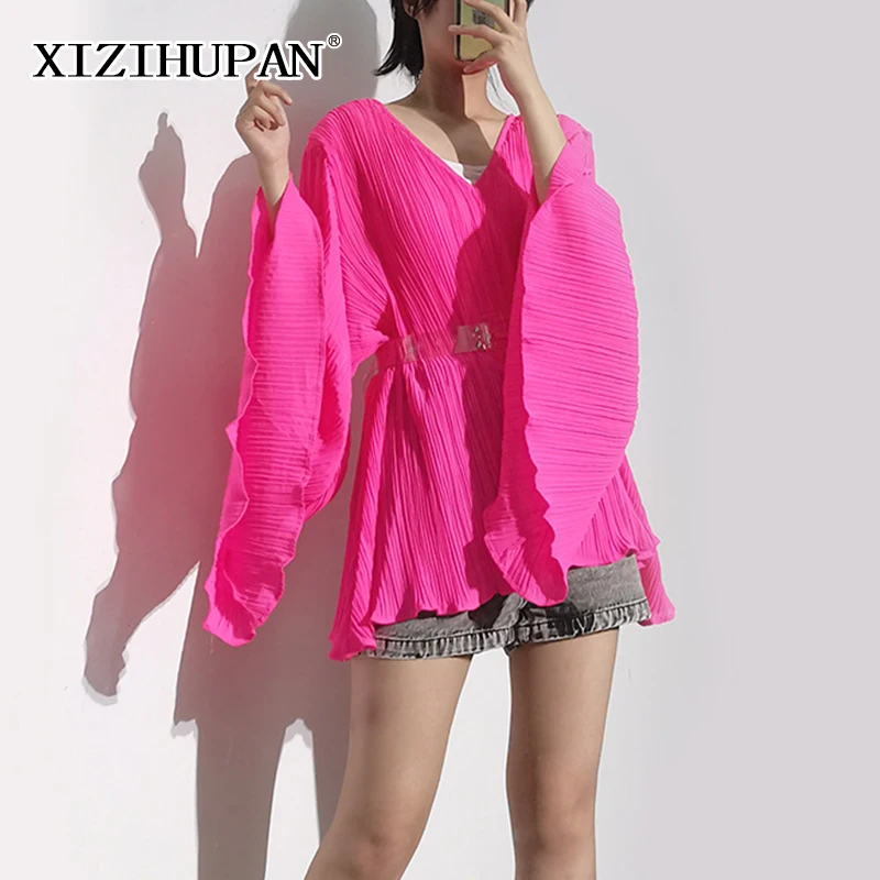 

XIZIHUPAN Casual Solid Fold Pleated T Shirt For Women V Neck Bell Long Sleeve Gathered Waist Sashes Loose T Shirts Female 2021