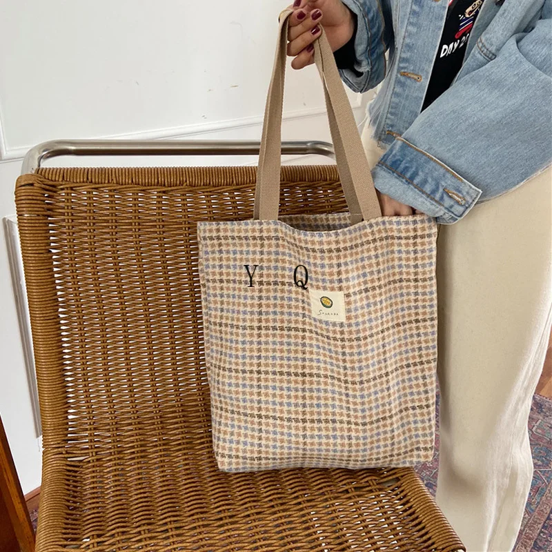 

Warm Winter Women Woolen Canvas Bags Vintage Plaid Female Casual Tote Soft Cloth Handbag Ladies Striped Pattern Shoulder Bag