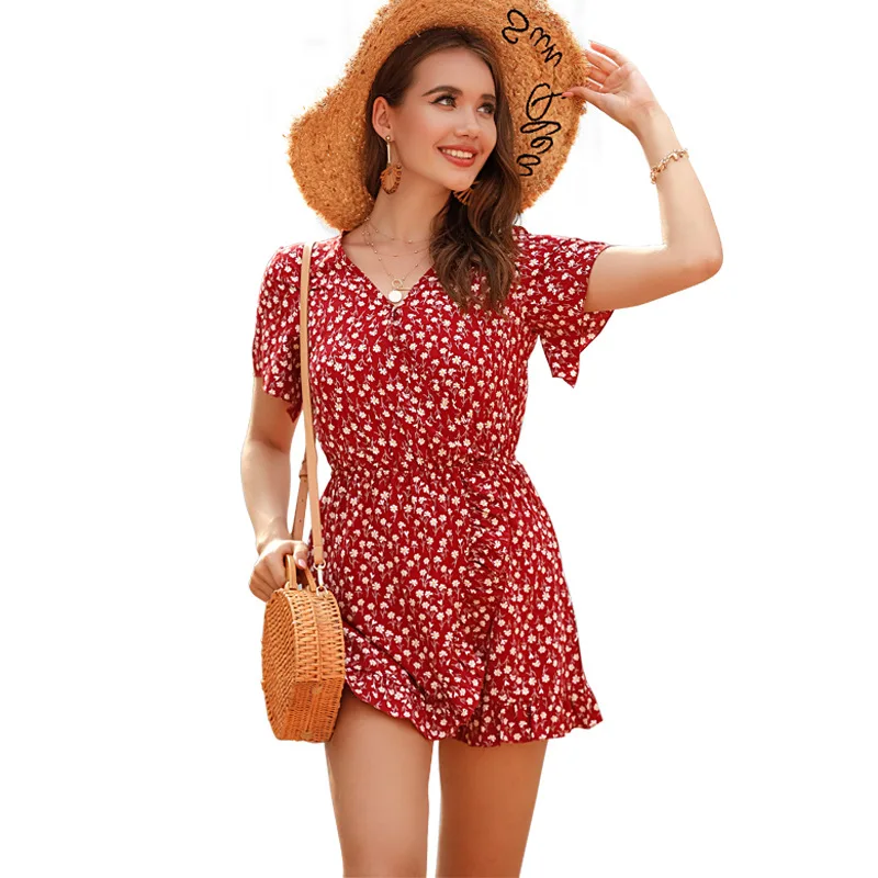 Женский шифоновый комбинезон с цветочным принтом V образным вырезом и коротким