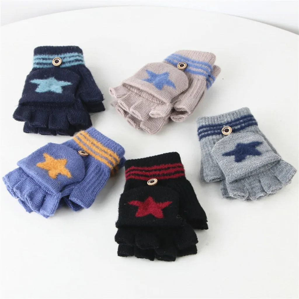 Варежки детские теплые вязаные с откидным верхом синие для малышей детей Зимняя |