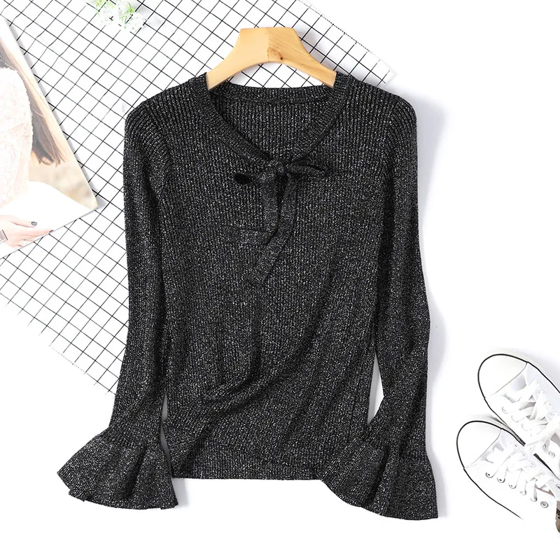 Женский Блестящий облегающий свитер с люрексом вязаный на шнуровке бантом и