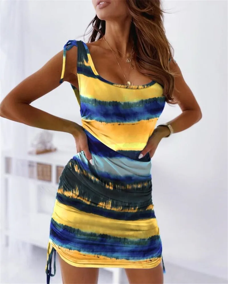 

Sexy Mini Dress Club Summer Pencil Dress Shrinkage Drawstring Design O-Neck Sleeveless High Waist Slim Pullovers Mini Blue Dress