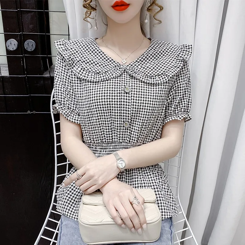 

Houthion Chiffon Loose Women's Blouses Fashion Short Sleeve Top Lattice Doll Collar Pullover Summer New Casual Blouse