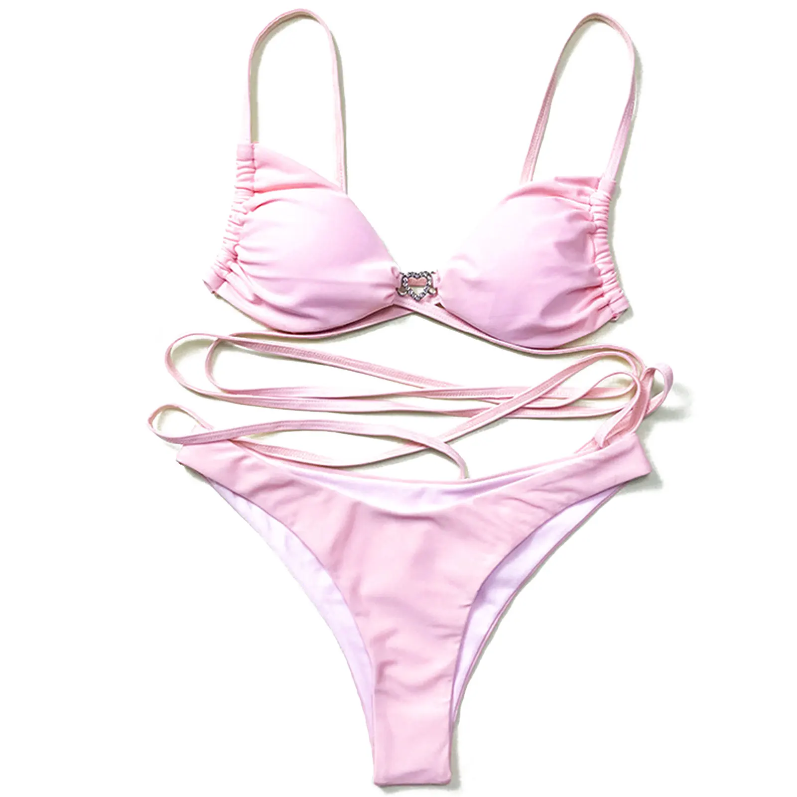 

2 Pcs Woman's Bikini Swimwear Set, Sexy Diamond Heart Button Lace-up Sling Bra, Solid Color Elastic Panties