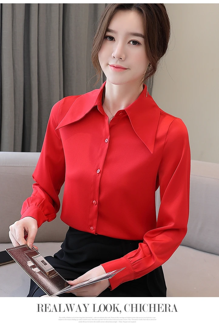 

Houthion New Satin Long-sleeved Women's Blouse Lapel Solid Color 2021 Korean Tops Loose Comfortable Fashion Casual Shirt
