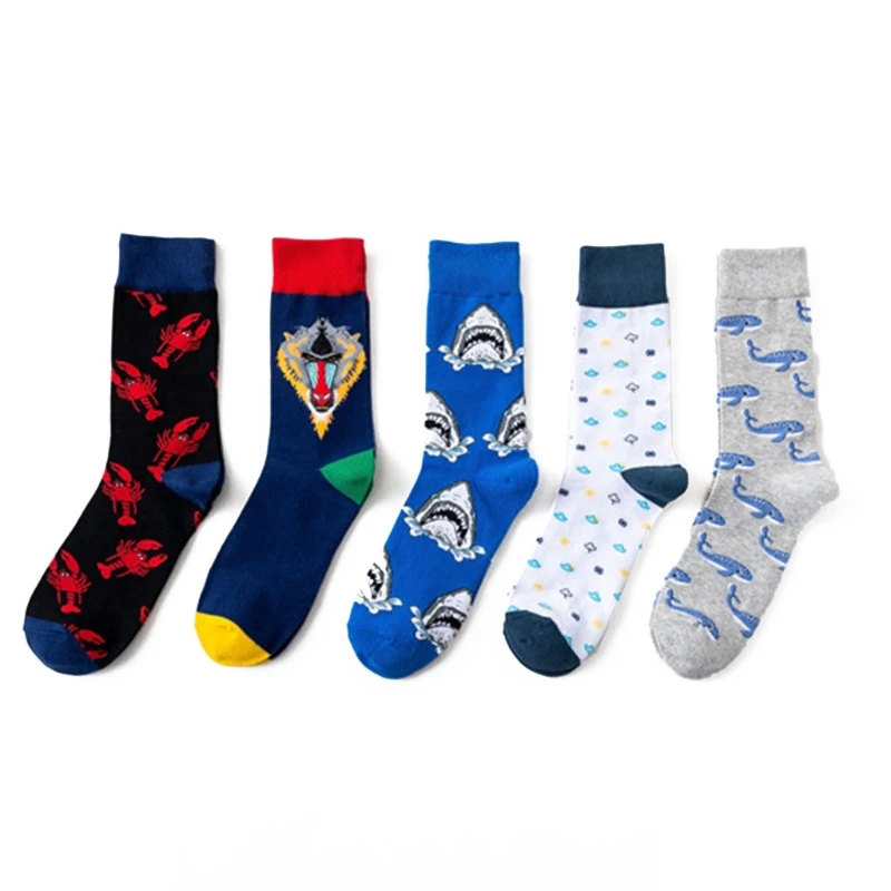 

P8DB Men Novelty Funny Cotton Crew Socks Cute Colorful Crayfish Lobster Orangutan Shark Dolphin Cloud Patterned Tube Hosiery