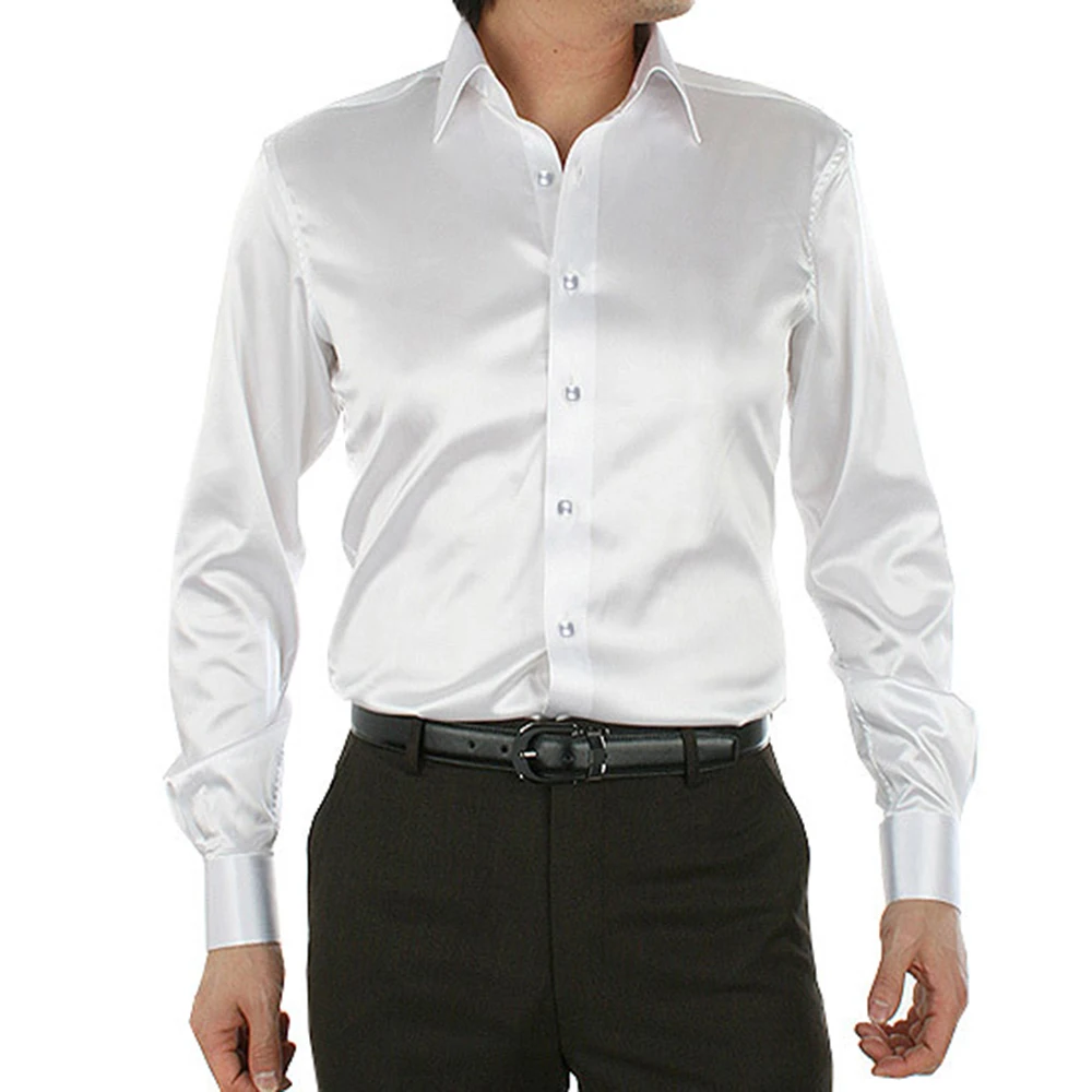 Men Stain Silk Dress Shirts Men Fashion Button Solid Color Shirt Casual Male Shirt Blouse Top Elegant