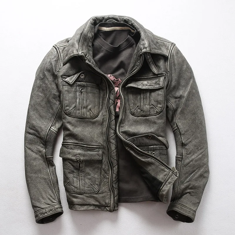 AVFLY men's vintage genuine leather jacket with pockets do old cow leather biker jacket men gray M65 motorcycle jacket male - Цвет: vintage gray