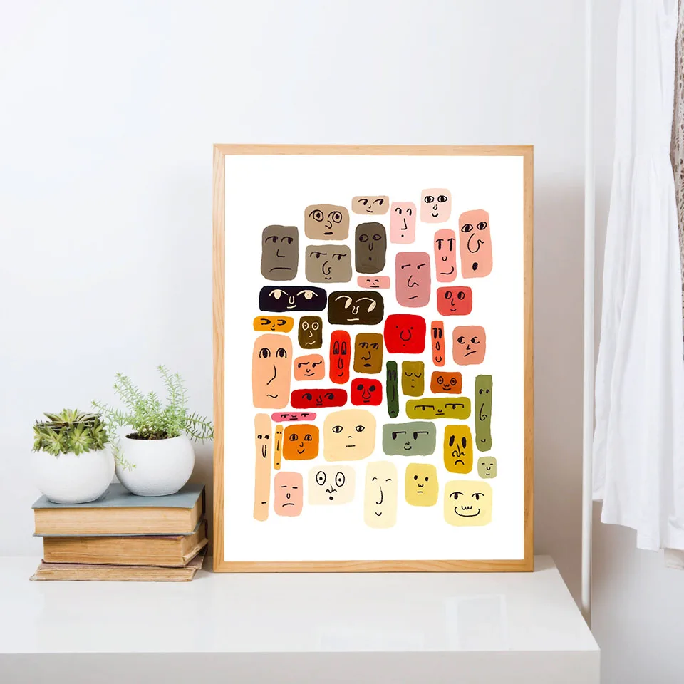 

Mid Century Modern Colorful Bohemian Art Print Canvas Painting Abstract Faces Color Swatches Aesthetic Wall Pictures Room Decor