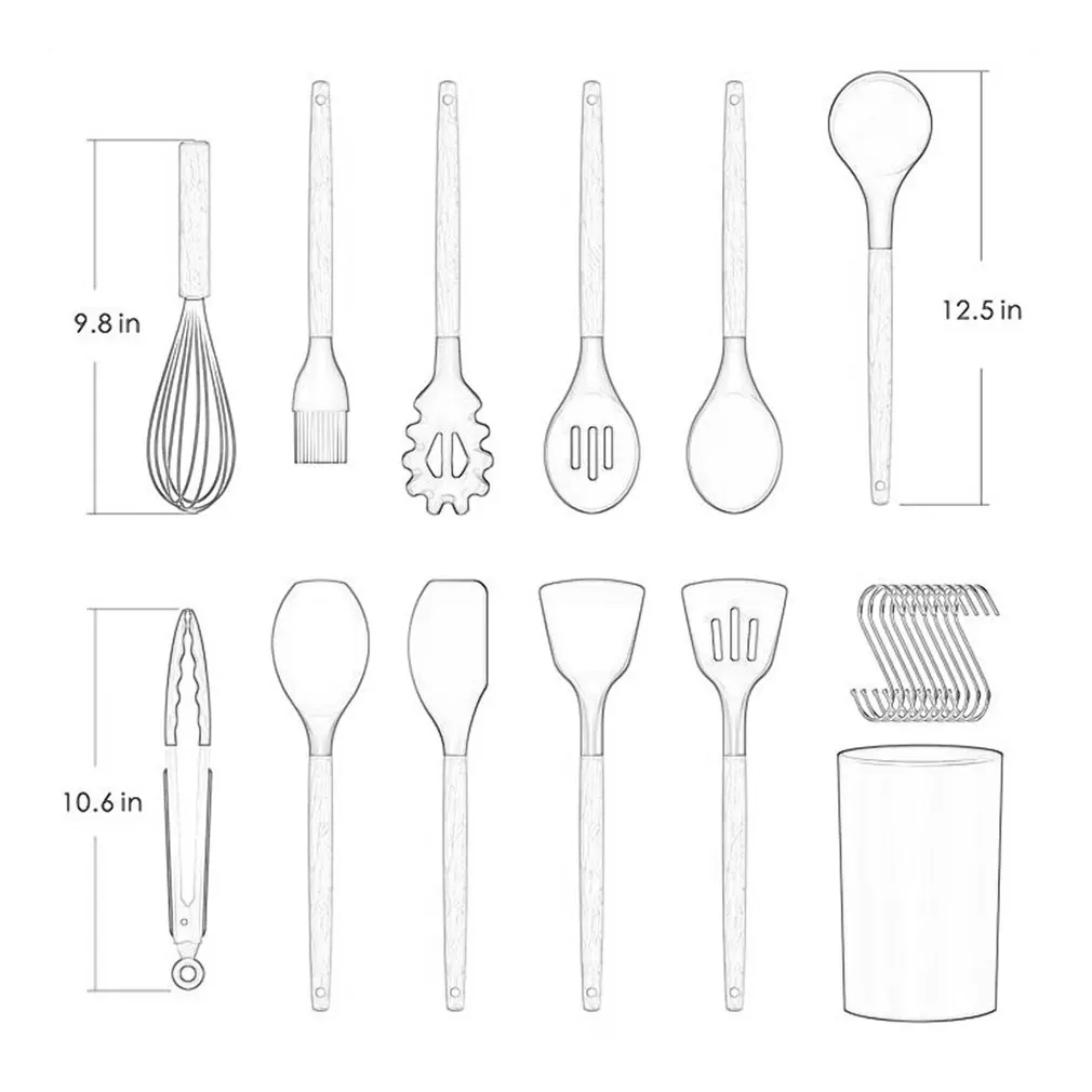 Набор из 11 силиконовых кухонных принадлежностей с деревянной ручкой