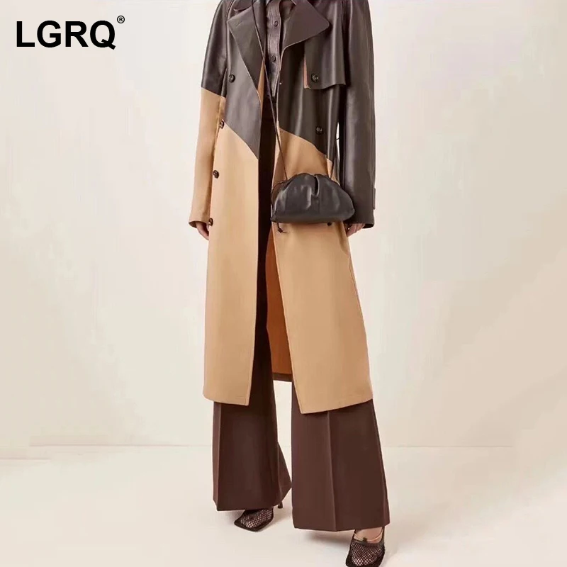 

[LGRQ] Double Breasted Patchwork Women's Pu Trench New Lapel Long Sleeve Loose Windbreaker Fashion Spring Winter 2021 19D5119