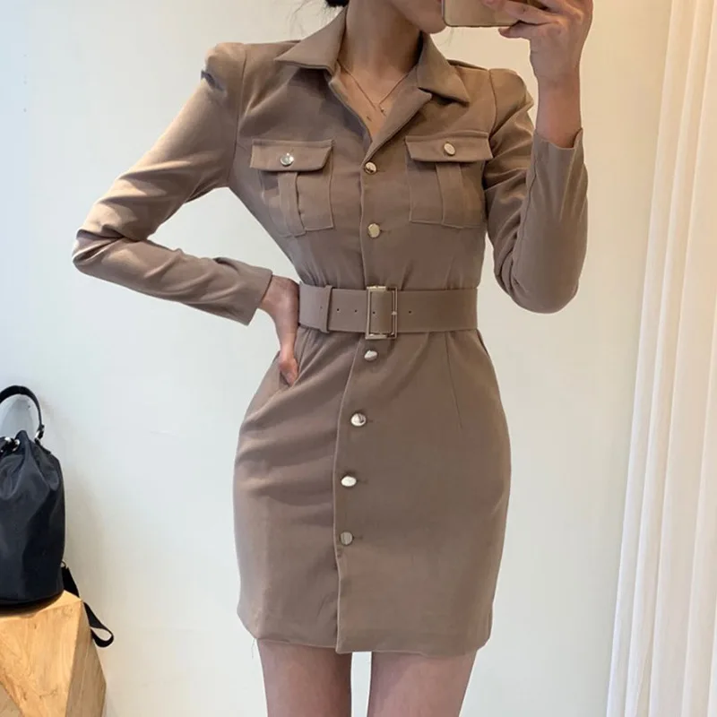 

Autumn Elegant office work Women's Dress Lapel Single-breasted Belt Slim Long sleeve pocket buttons Short Dress Women Clothing