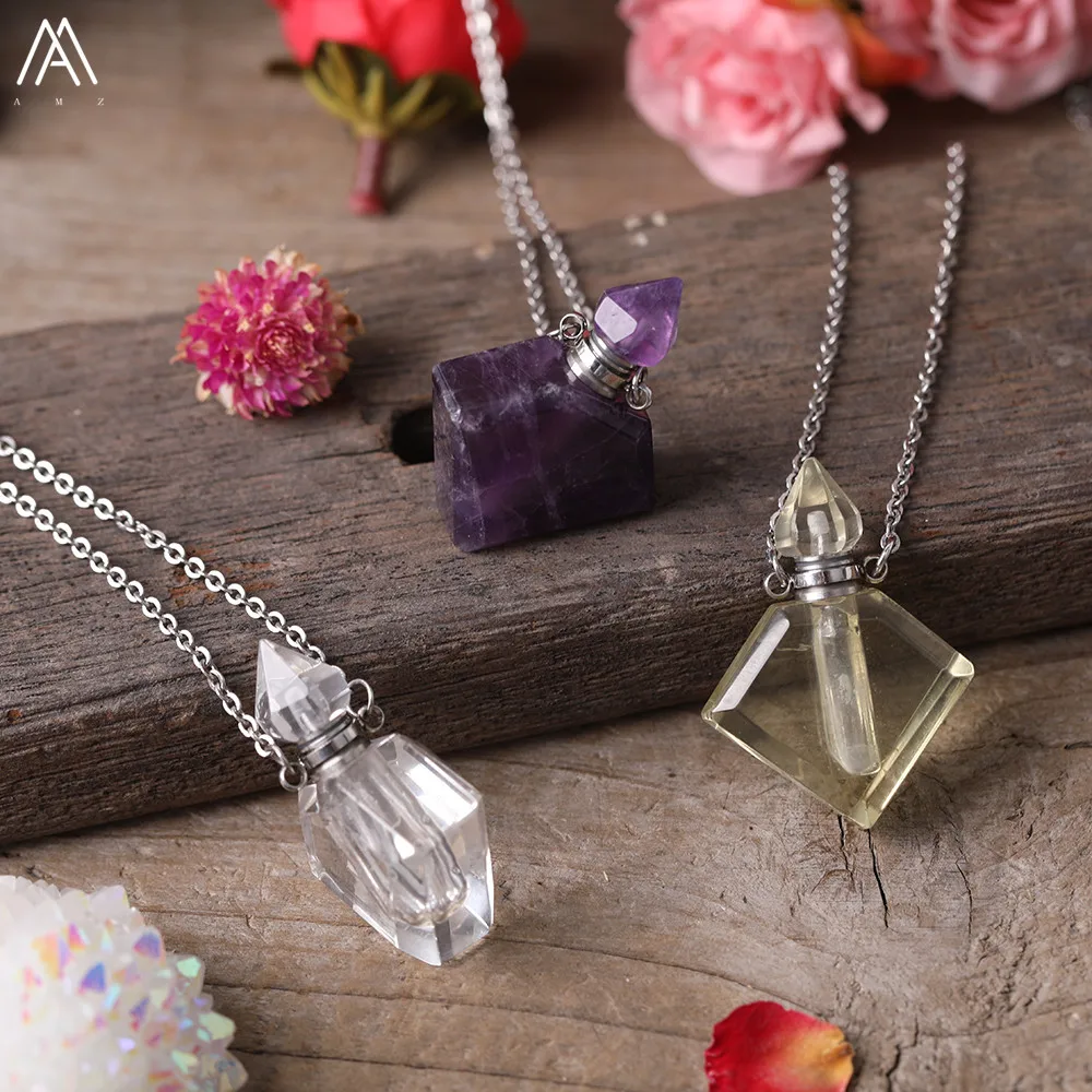 Fashion Women Natural Stone Essential Oil Jewelry Lapis Lemon Quartz Fluorite Perfume Bottle Pendant Necklace For | Украшения и