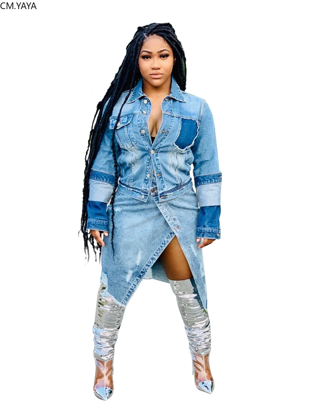 Женское осенне зимнее джинсовое пальто с отложным воротником куртки длинным