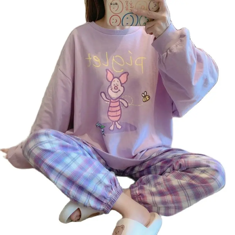 

Disney Piglet Autumn Winter Sleepwear Loose Plaid Home Pants Long Sleeve Pajamas Sets for Women Pajama Sleepwear Pijama Stitch