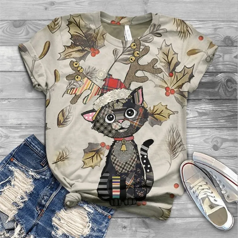 

Cute Cat Butterfly 3D Print Casual Women's T Shirt Summer Personality Animal Print Short Sleeved Fashion Loose Ladies Tshirt Top