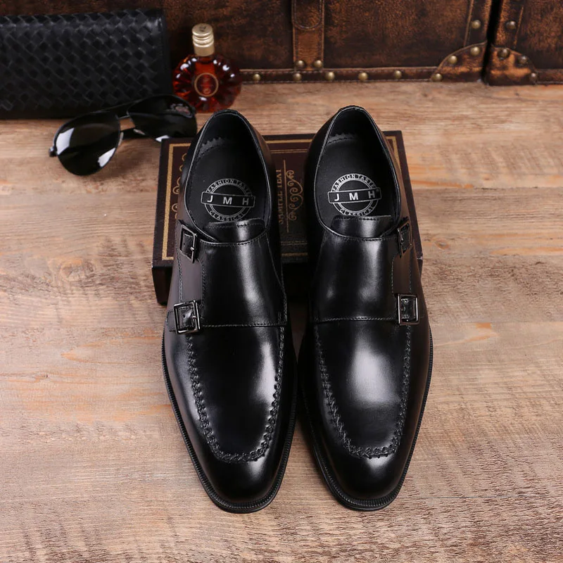 

Genuine Leather Business Pointed Shoes Men's Two Buckle Strap Casual Men Shoes Social Wedding Male Formal Shoes B71