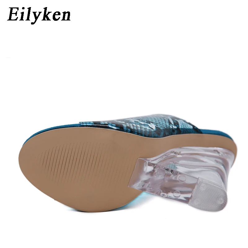 Eilyken/пикантные босоножки из змеиной кожи на высоком прозрачном каблуке; шлепанцы на танкетке с прозрачным каблуком; Размеры 35-40