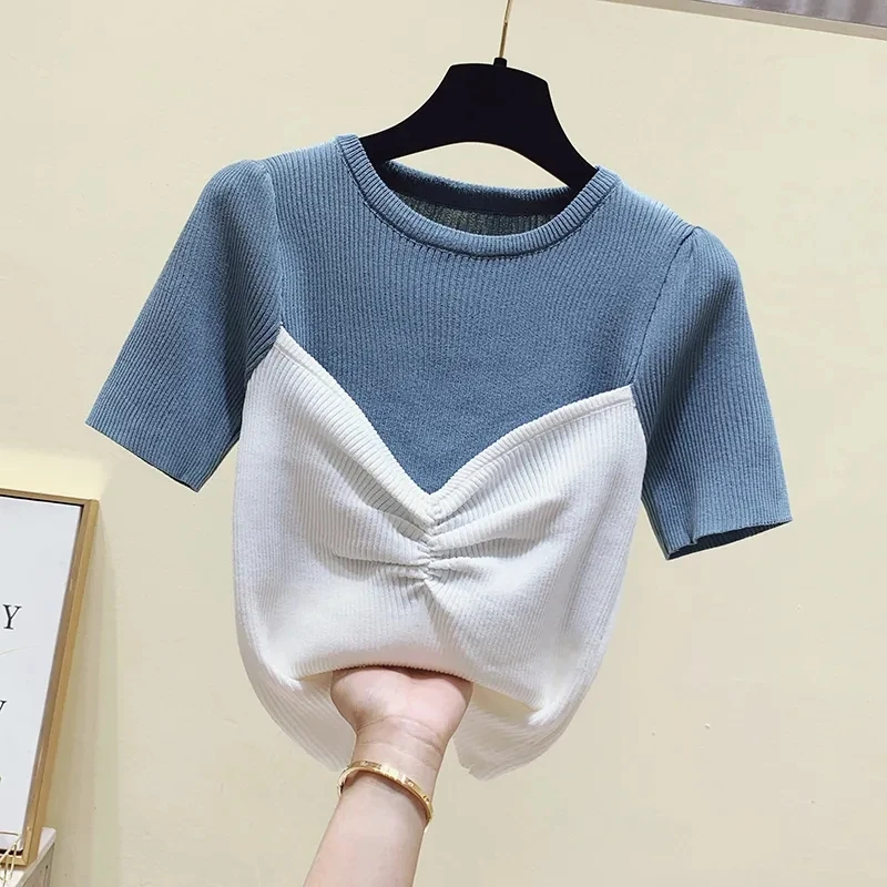 

Fake two-piece sweater women's summer 2021 thin T-shirt design sense niche short tight short-sleeved shirt
