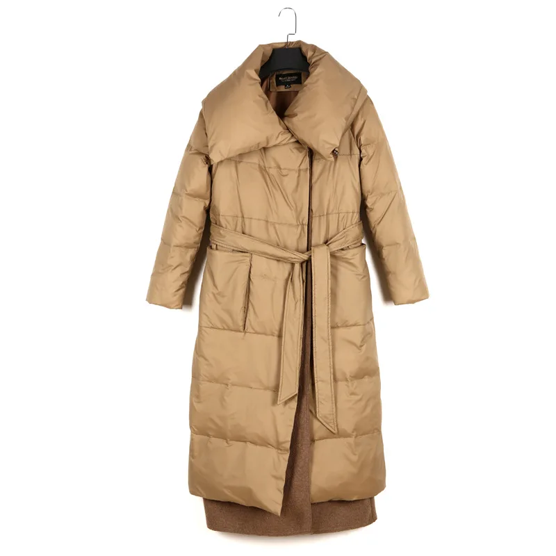 Loose Long Style Khaki Color Splicing Knee-Length Winter Warm Light White Duck Jacket Women Clothes Down Coats With Sashes