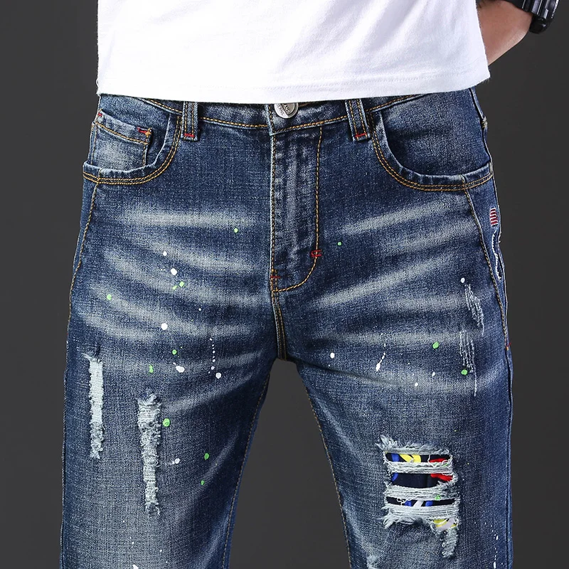 

2021 new men's straight leg pants, fashionable large jeans, fashionable men's trousers, men's wide leg pants, torn craft splash