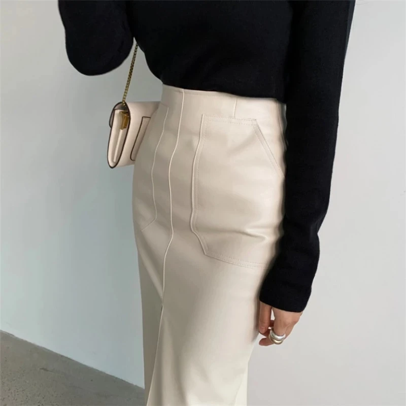 

New 2021 Spring Women PU Leather Skirts High Waist Pockets Package Hip Skirt Female Front Split Zipper Pencil Skirts