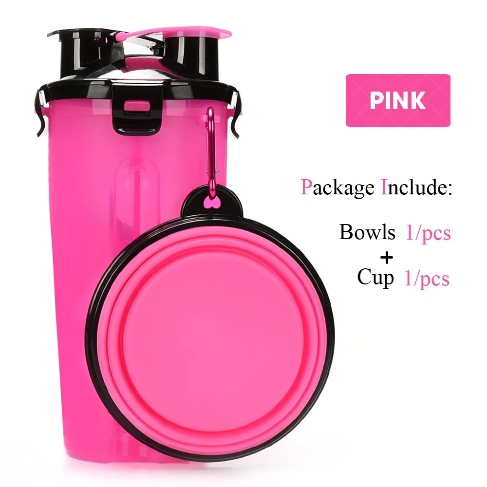 pink wIth 1 bowl Портативная 2 в 1 ПЭТ бутылка для воды контейнер для еды со складной силиконовой миской для домашних животных уличная дорожная кормушка для кошек и собак чашка - Цвет: pink wIth 1 bowl