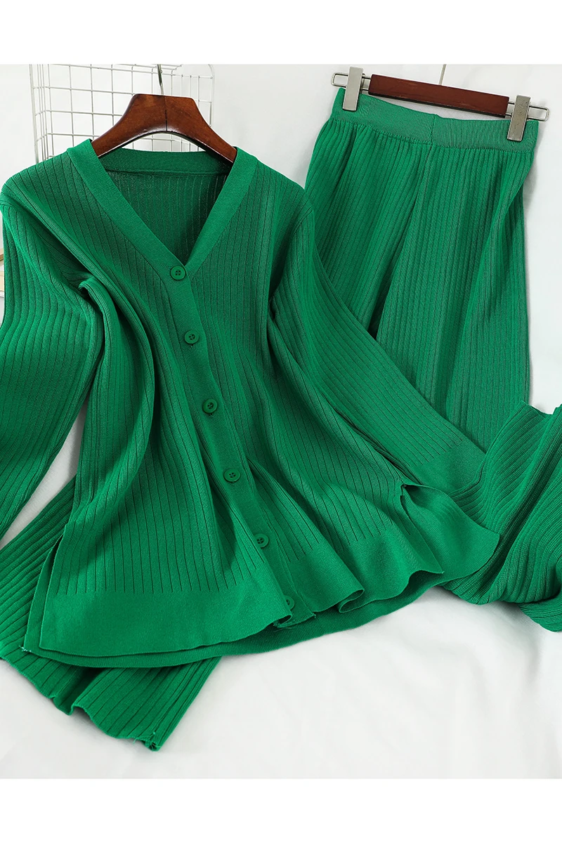 

Autumn Winter Vintage Knitted Two Piece Set Casual V-neck Long Sleeve Single-breasted Loose Blouse And Knit Pants 2pcs Sets 2020