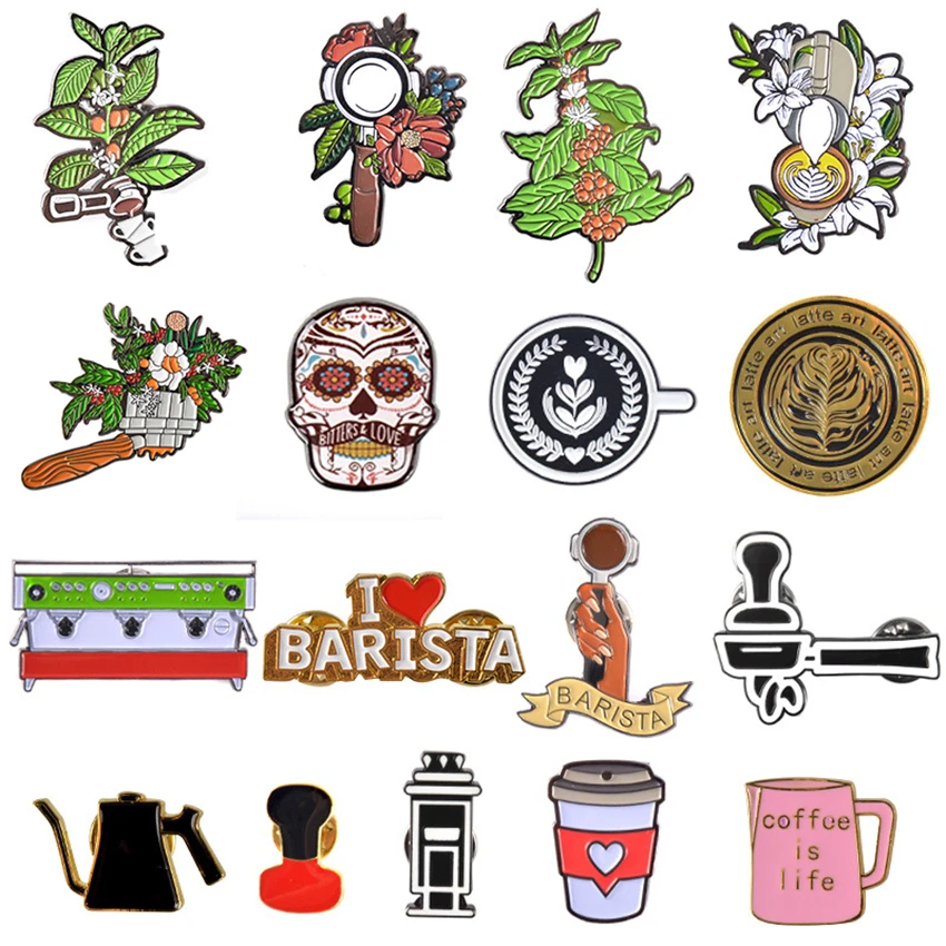 

Barista Brooch Retro Coffee Machine Handle Coffee Cup Leaf Flower Badge Birthday Creative Gift Metal Drip Broochs Accessories