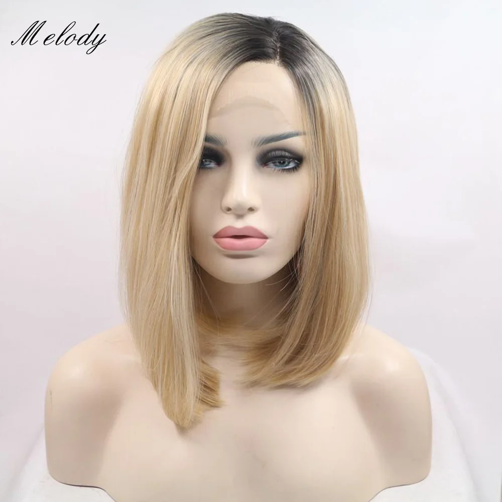 

Melody Short Bob Wig Ombre Blonde Side Part with Dark Roots Lace Front Synthetic Wig Heat Resistant Fiber for Women 14 Inches