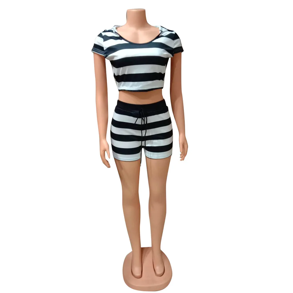

Black White Stripe Women 2 Piece Set Summer Short Sleeve Hooded Sheath Crop Top High Waist Drawstring Short Bottom Beach Outfits