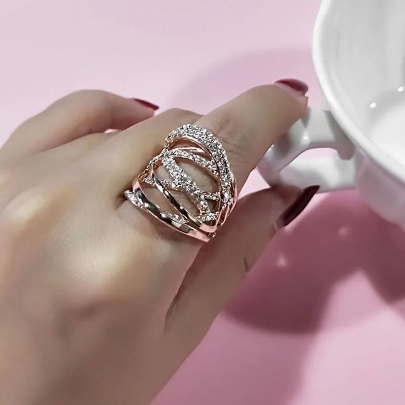 

SINLEERY Fashion Multi Circles Twisted Wide Rings Rose Gold Silver Color Mirco Paved Clear CZ Stone Women Jewelry Anel JZ016 SSB
