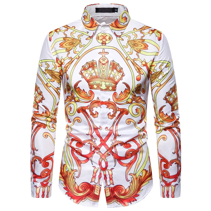 Luxury Royal Mens Shirts Casual Slim Fit Cross Gemstone Printed Long Sleeve Slim Fit Chemise Homme Men Prom Party Tuxedo Shirt