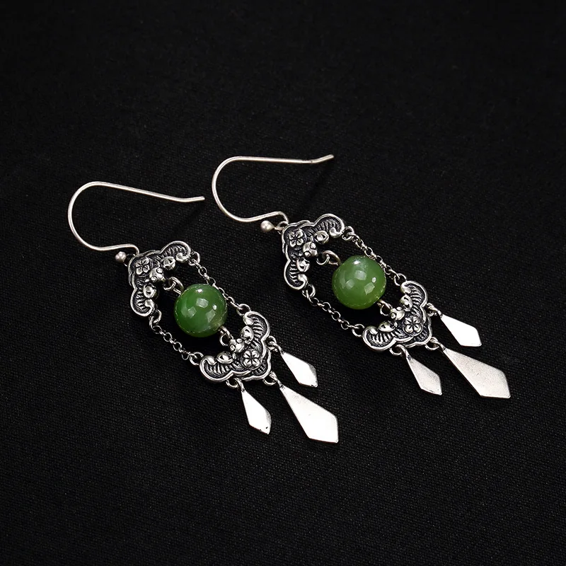 Женские серьги-капли из натурального нефрита S925 ретро длинные серьги с бахромой