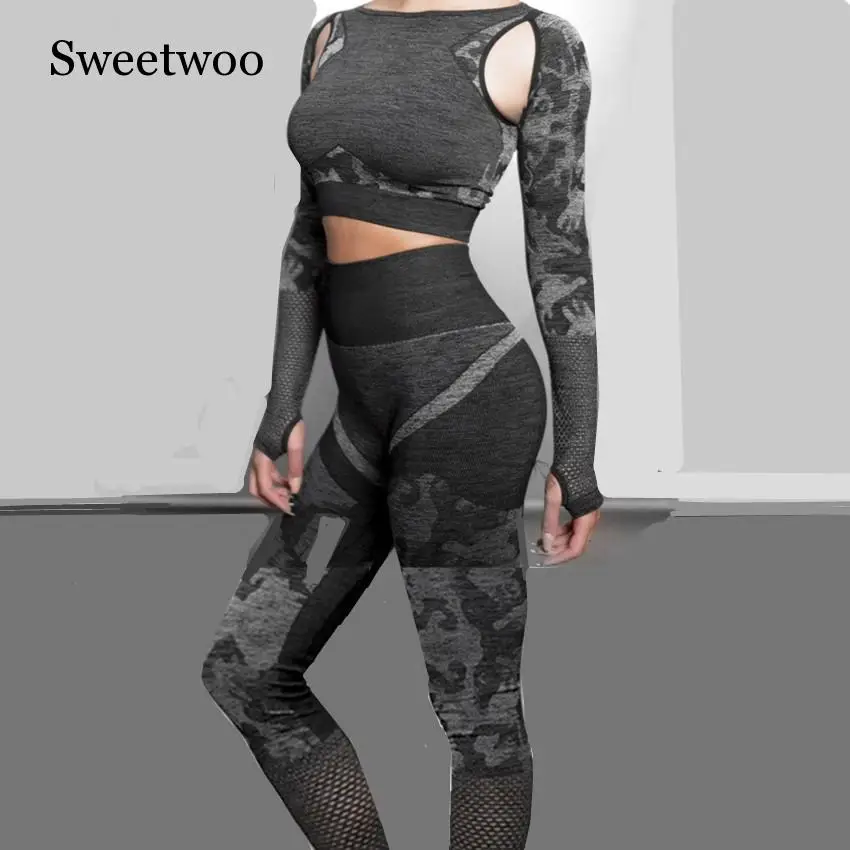Набор для йоги женские бесшовные камуфляжная футболка с длинными рукавами Топы