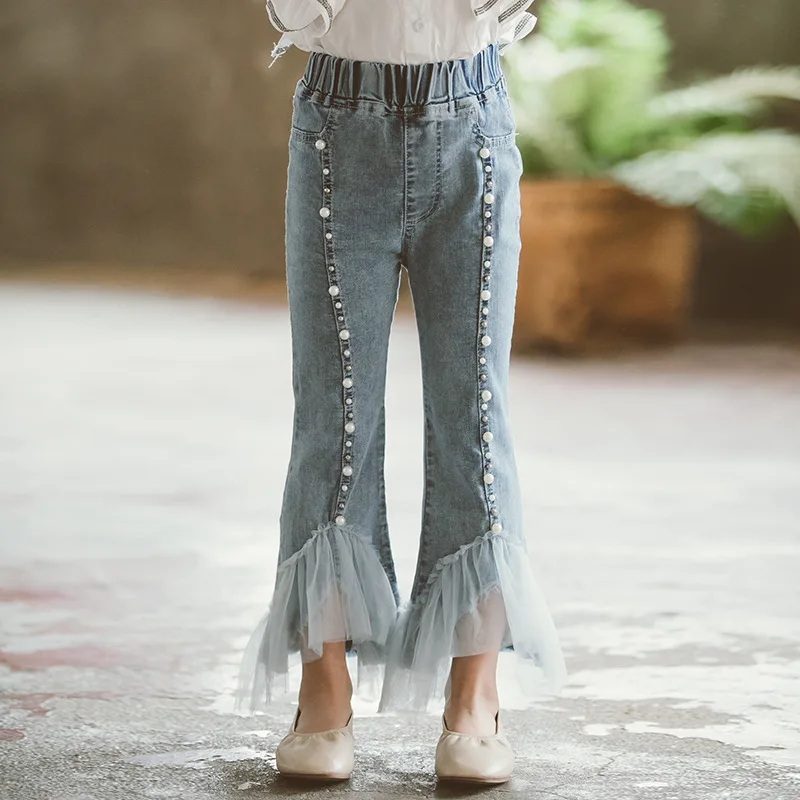 Новинка осени 2020 детская одежда модные сетчатые кружевные расклешенные джинсы с