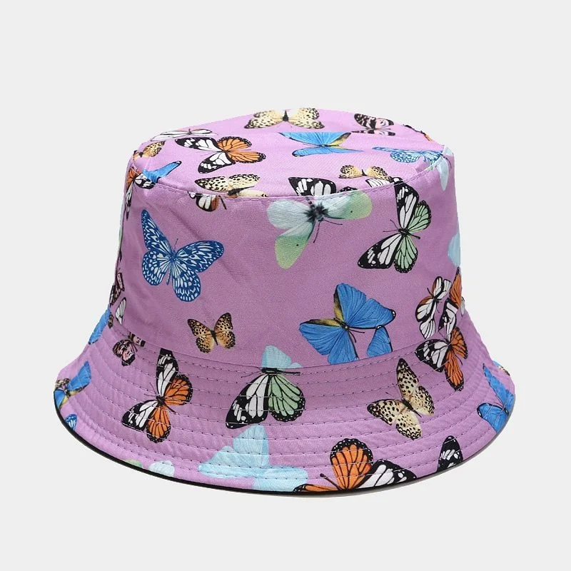 

Summer Spring Cotton Flat Hat Reversible New Fishing Hat Sun Cap Colorful Butterfly Print Bucket Hats Fishmen Caps For Men Women