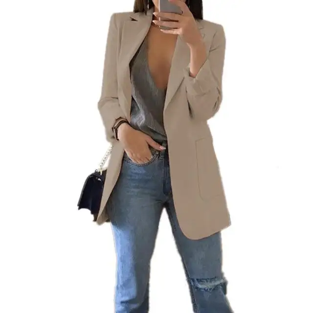 khaki Тонкий Женский блейзер Осенняя модная куртка Женский офисный однотонный Карманный деловой блейзер с вырезом Женское пальто плюс размер S-5XL - Цвет: khaki